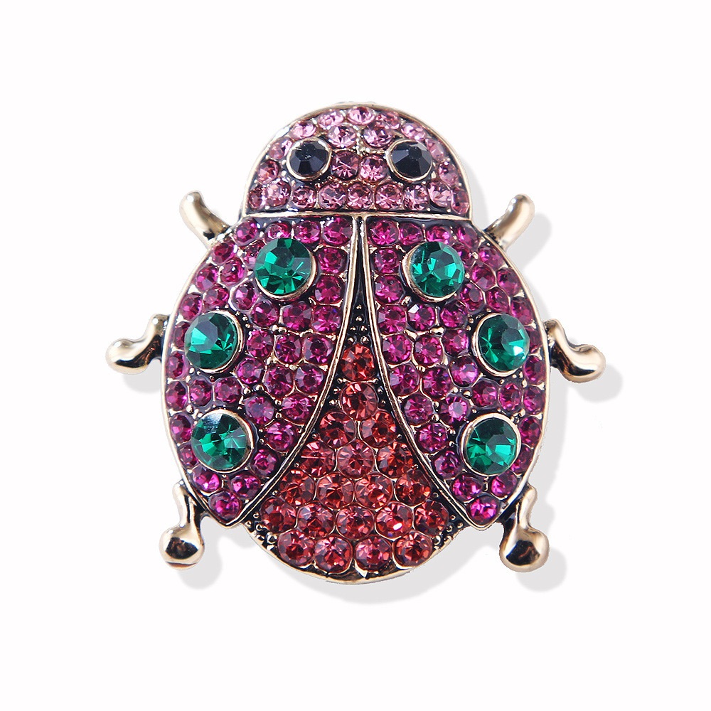 Pink Rhinestone Ladybug Brooch Gold Tone Crystal Beetle Pin With Green Accents
